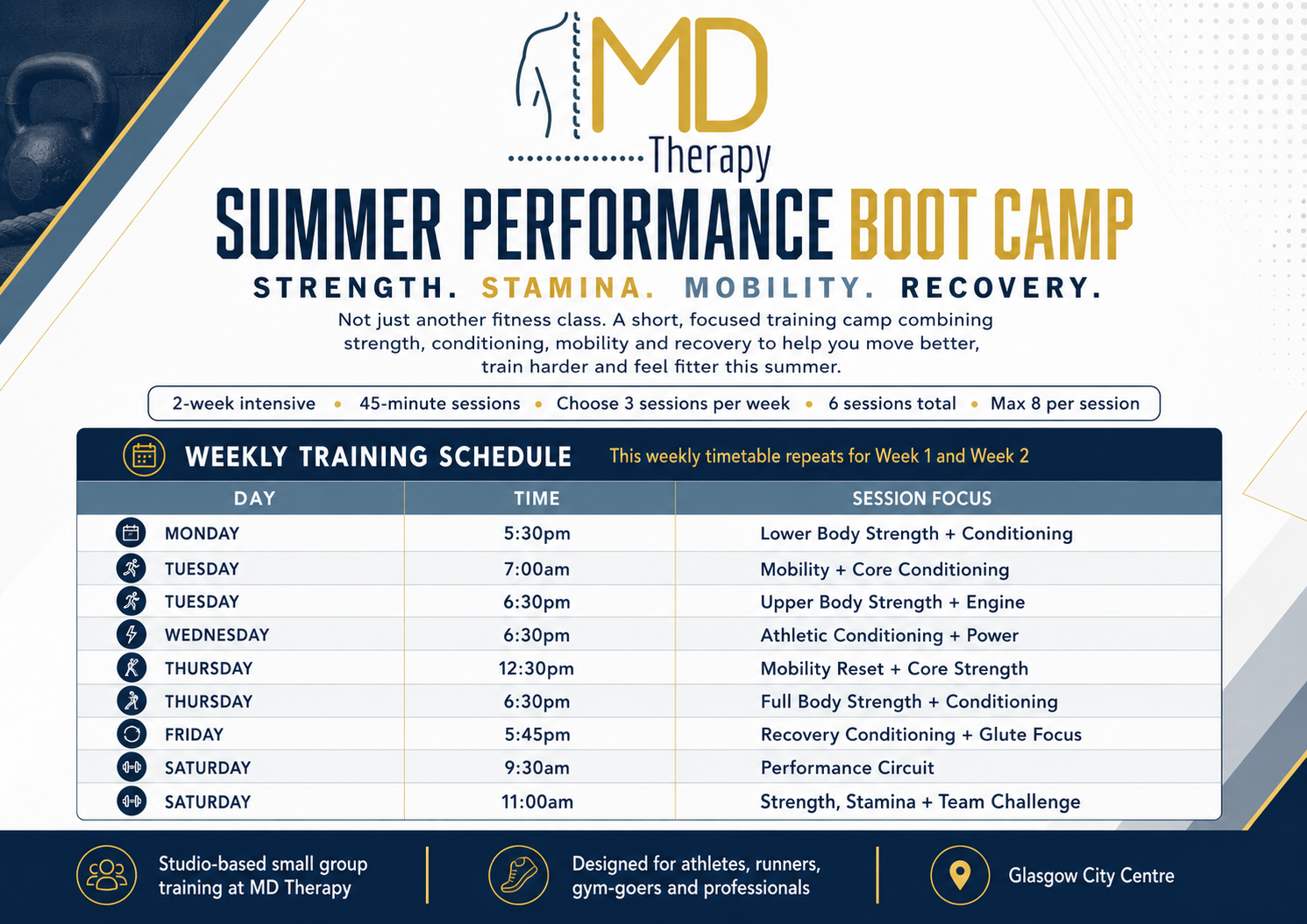 Summer Performance Boot Camp Timetable